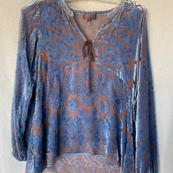 Hale Bob Blue Burnout Velvet Sheer Boho Blouse Size XS | Long Sleeve Peasant Top - Picture 2 of 7